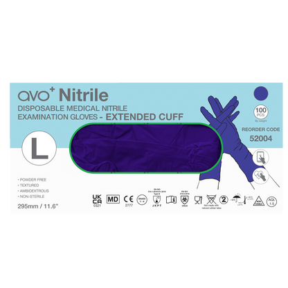 AVO+ Nítríl hanskar – Lengri kragi 295 mm, púðurlausir (100 stk)