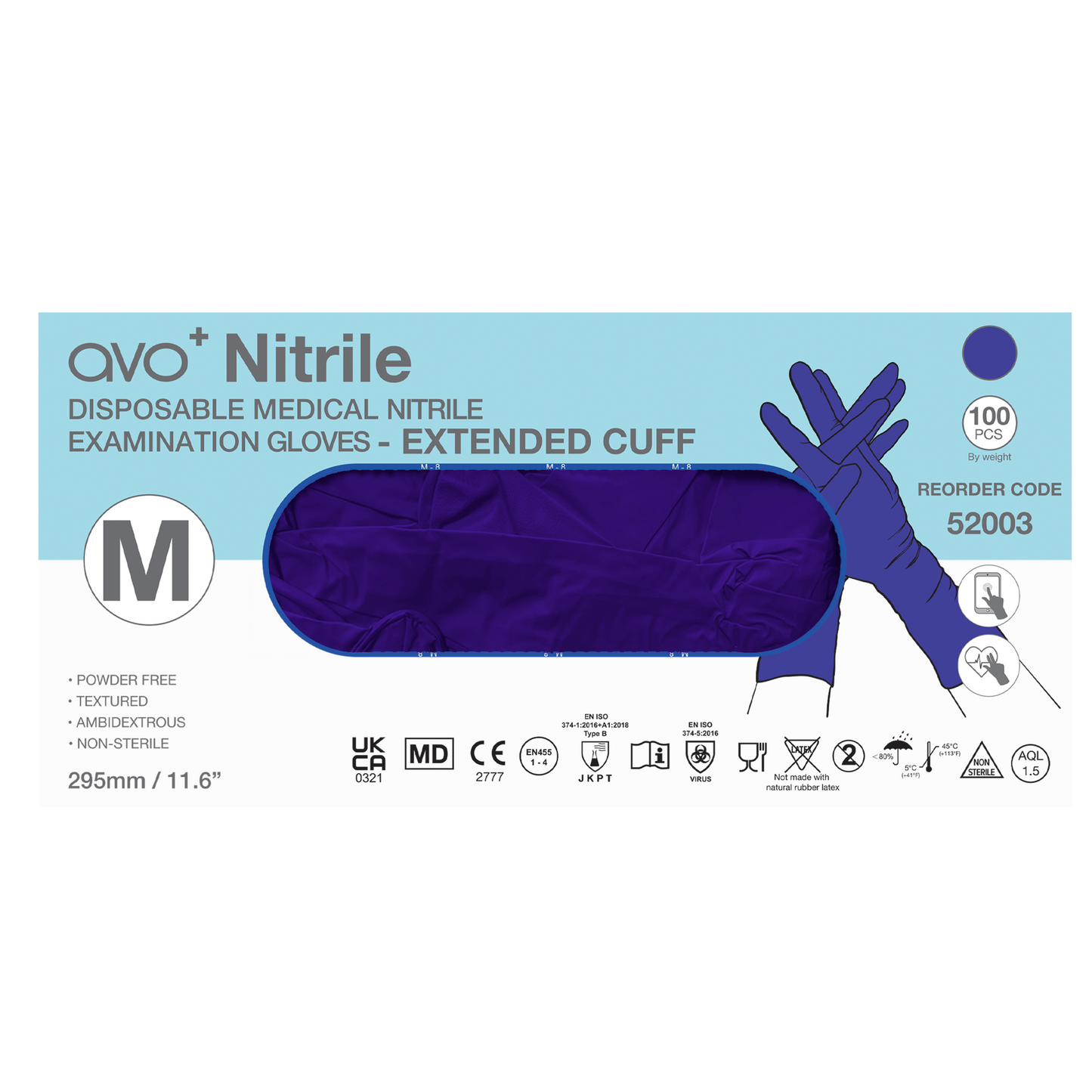 AVO+ Nítríl hanskar – Lengri kragi 295 mm, púðurlausir (100 stk)