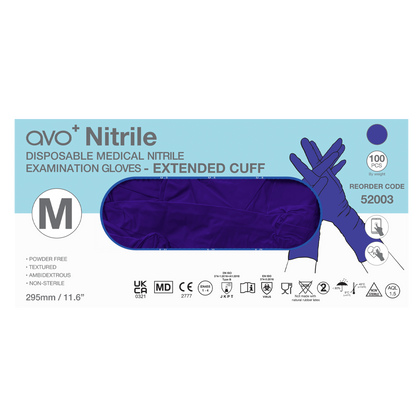 AVO+ Nítríl hanskar – Lengri kragi 295 mm, púðurlausir (100 stk)
