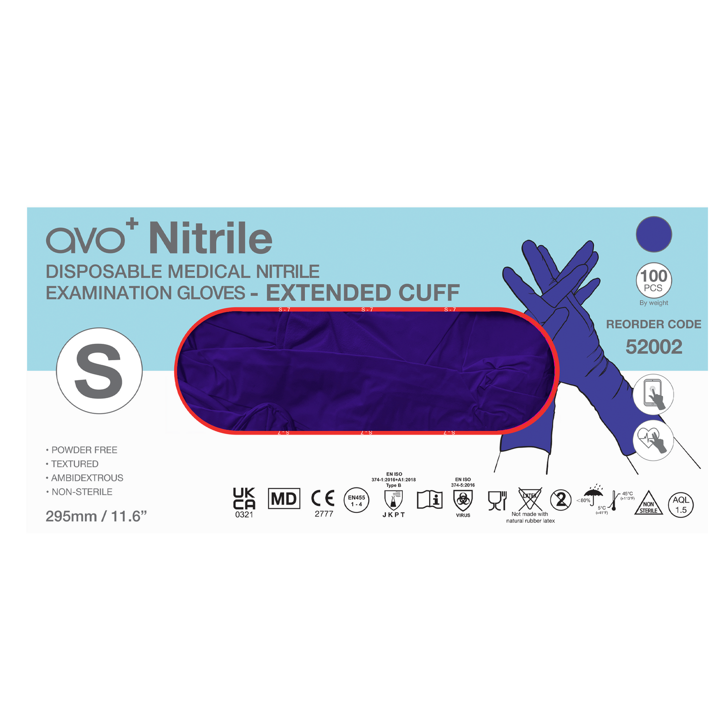 AVO+ Nítríl hanskar – Lengri kragi 295 mm, púðurlausir (100 stk)