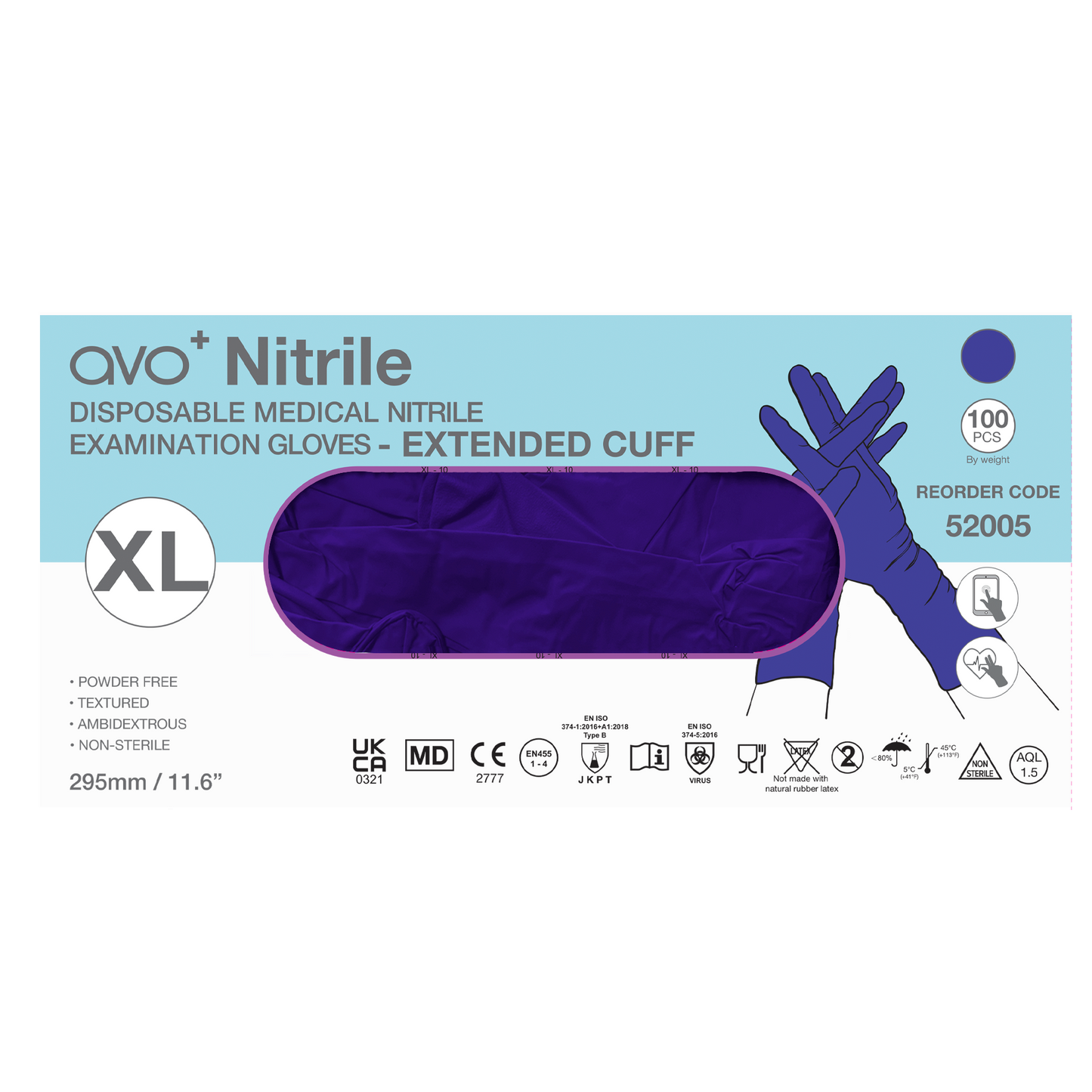 AVO+ Nítríl hanskar – Lengri kragi 295 mm, púðurlausir (100 stk)