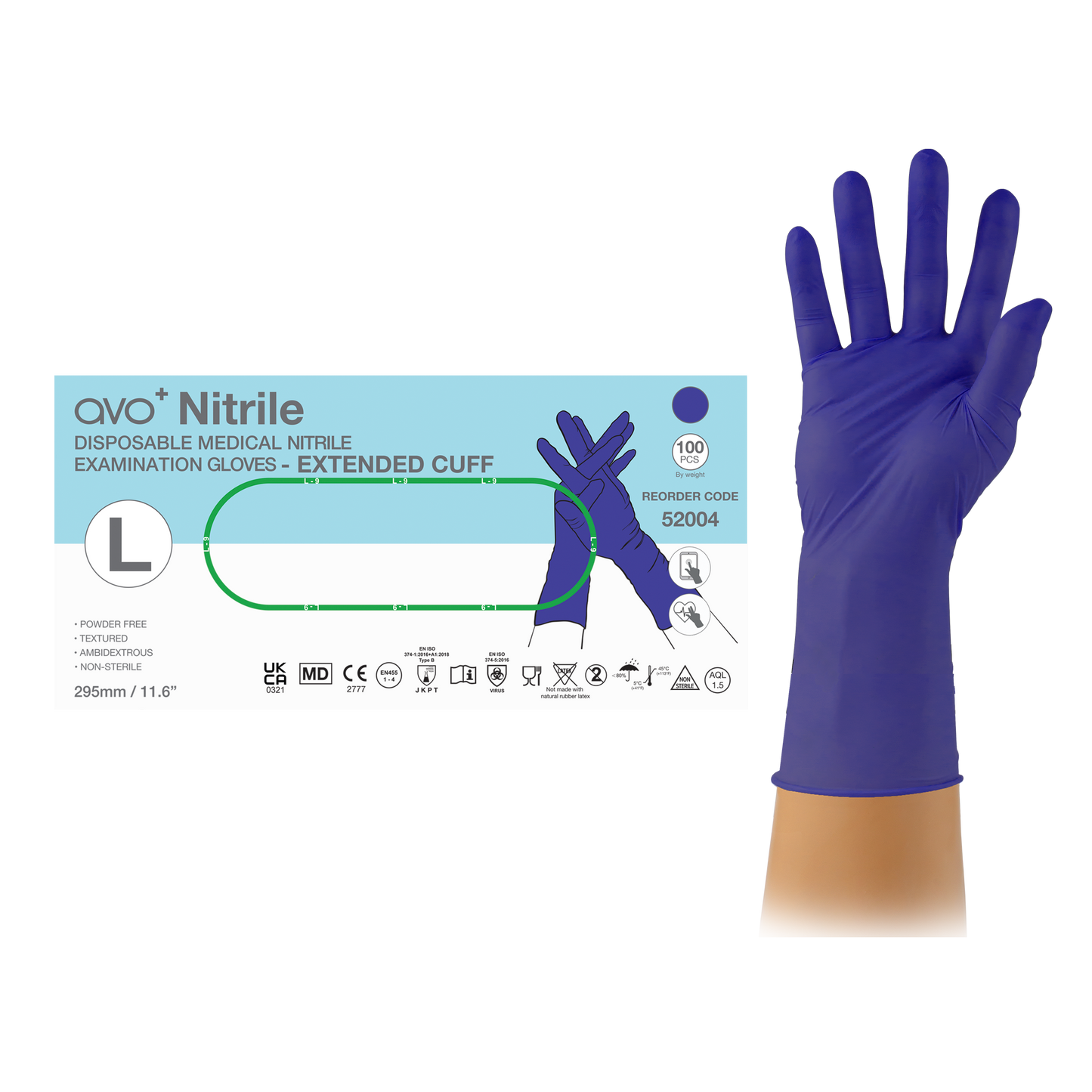 AVO+ Nítríl hanskar – Lengri kragi 295 mm, púðurlausir (100 stk)