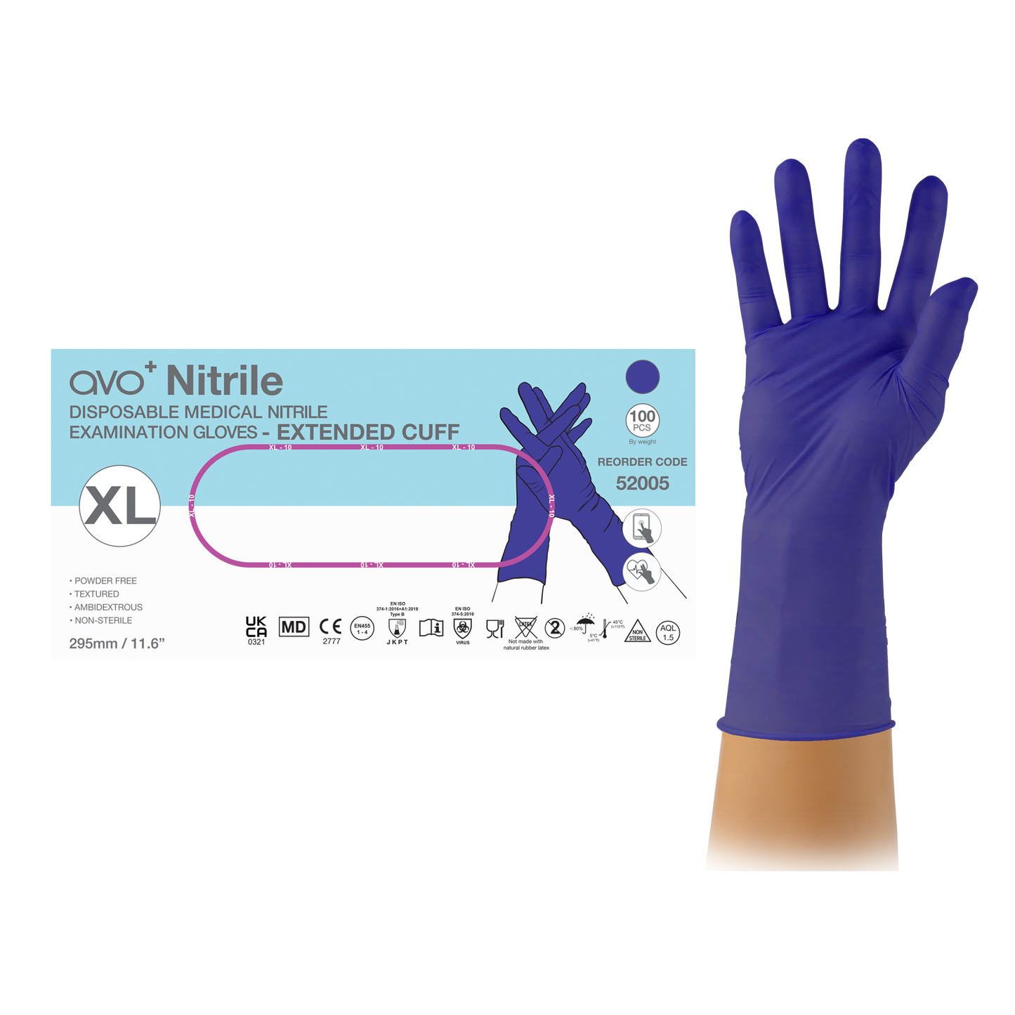 AVO+ Nítríl hanskar – Lengri kragi 295 mm, púðurlausir (100 stk)