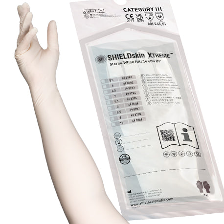 SHIELDskin XTREME™ White Sterile Nitrile 600 DI+ Cleanroom Gloves – Extra Long, PPE Category III