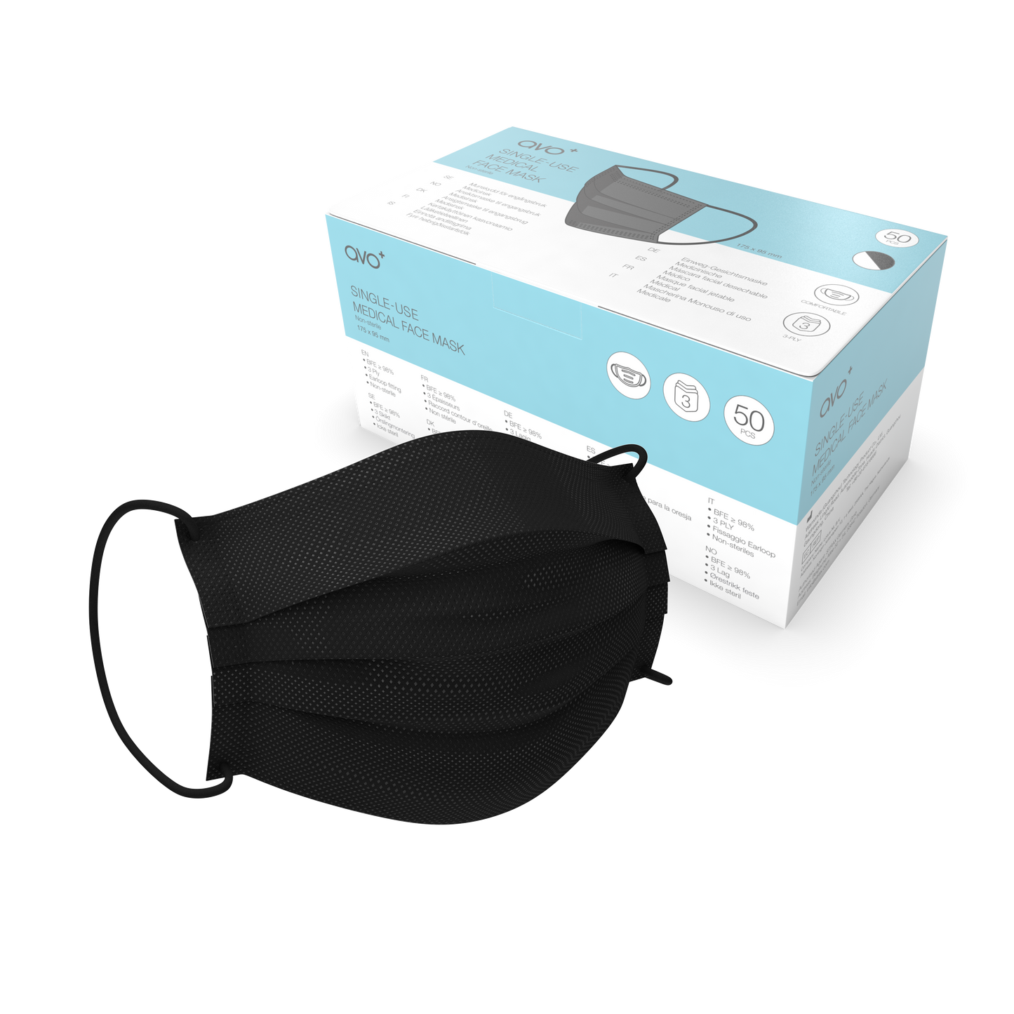 AVO+ Type II-R – Svartar læknagrímur (50 stk/box)