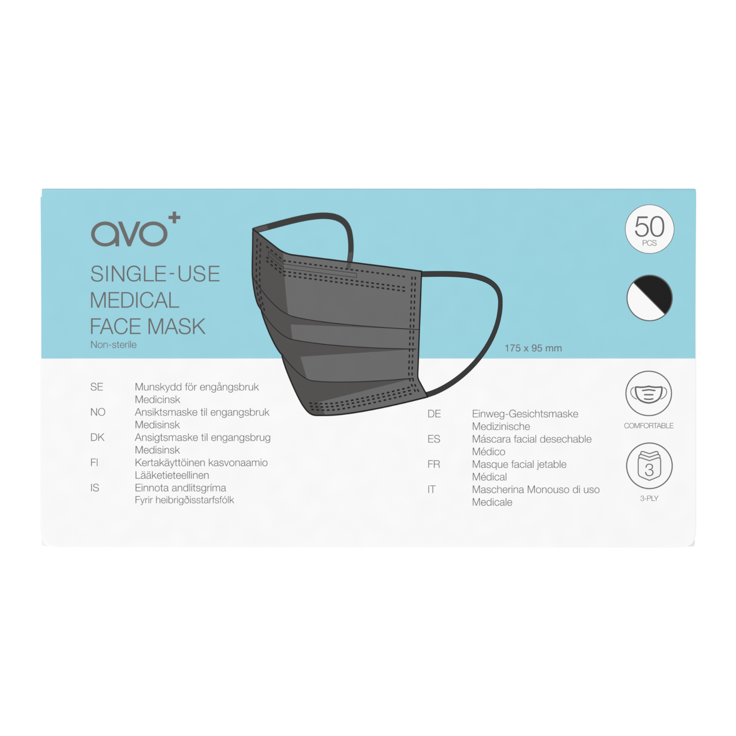 AVO+ Type II-R – Svartar læknagrímur (50 stk/box)